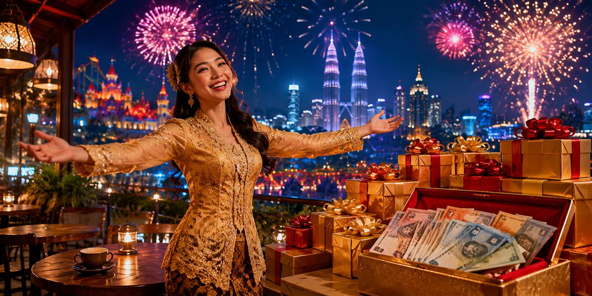 Pengguna Malaysia bermain permainan kasino dalam talian dengan pakaian kebaya bergaya